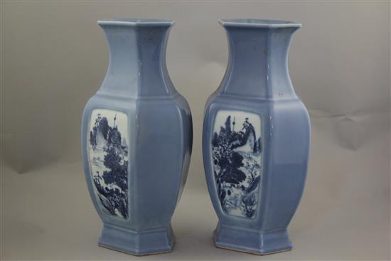 A pair of Chinese blue ground hexagonal baluster vases, Republic period, 30.5cm, bases drilled